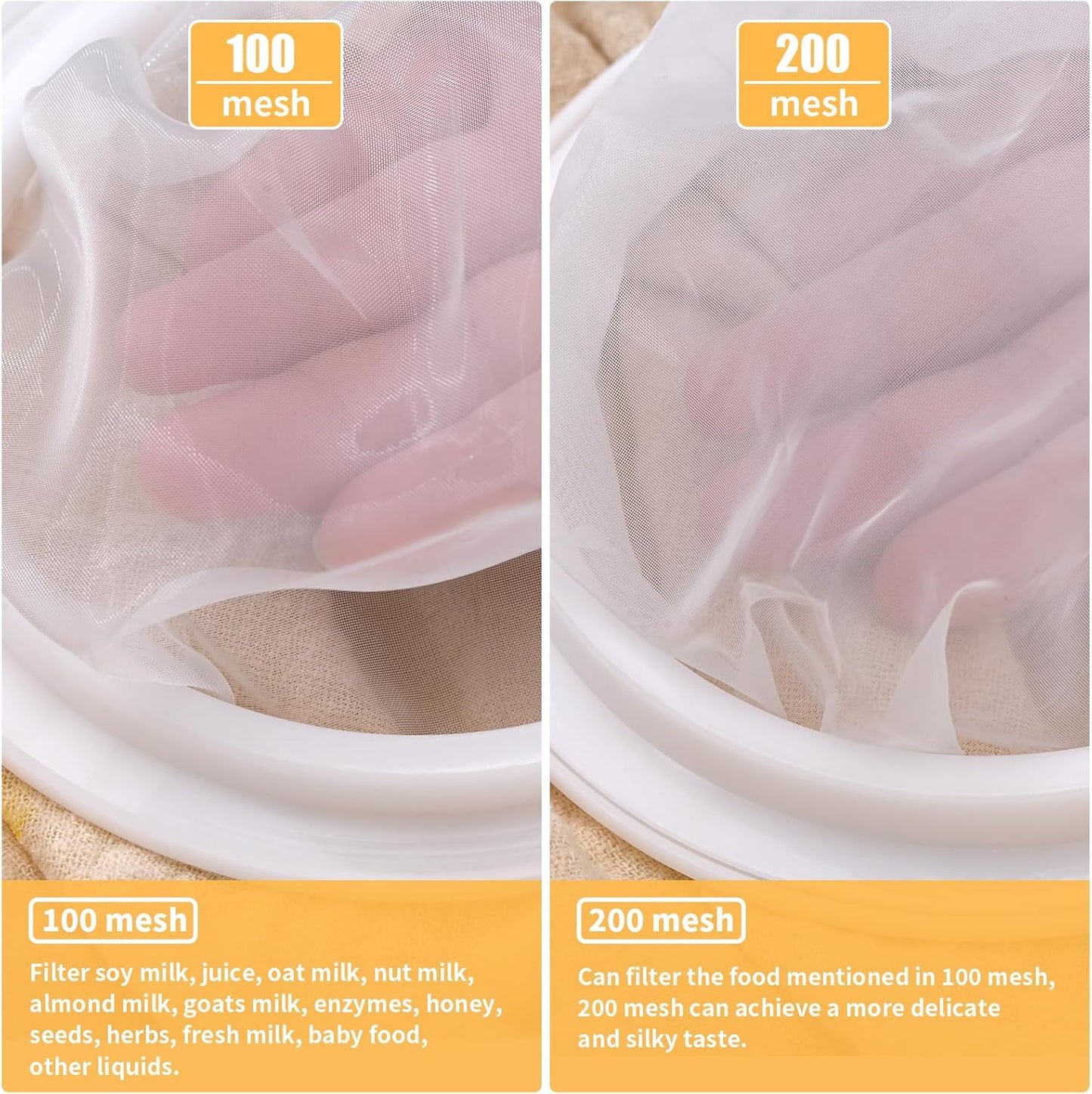 Premium Multi-Mesh Strainer Set, 4 Pack - 100/200/300/400 Mesh, Nylon & Plastic Fine Mesh Sieve for Tea, Coffe, Nut Milk, Juice, Broth, Smoothies, Reusable & Easy to Clean, Durable,Dishwarer Safe