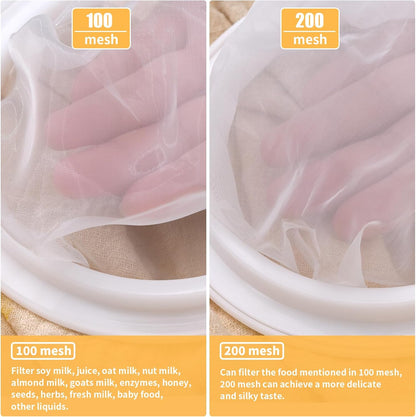 Premium Multi-Mesh Strainer Set, 4 Pack - 100/200/300/400 Mesh, Nylon & Plastic Fine Mesh Sieve for Tea, Coffe, Nut Milk, Juice, Broth, Smoothies, Reusable & Easy to Clean, Durable,Dishwarer Safe