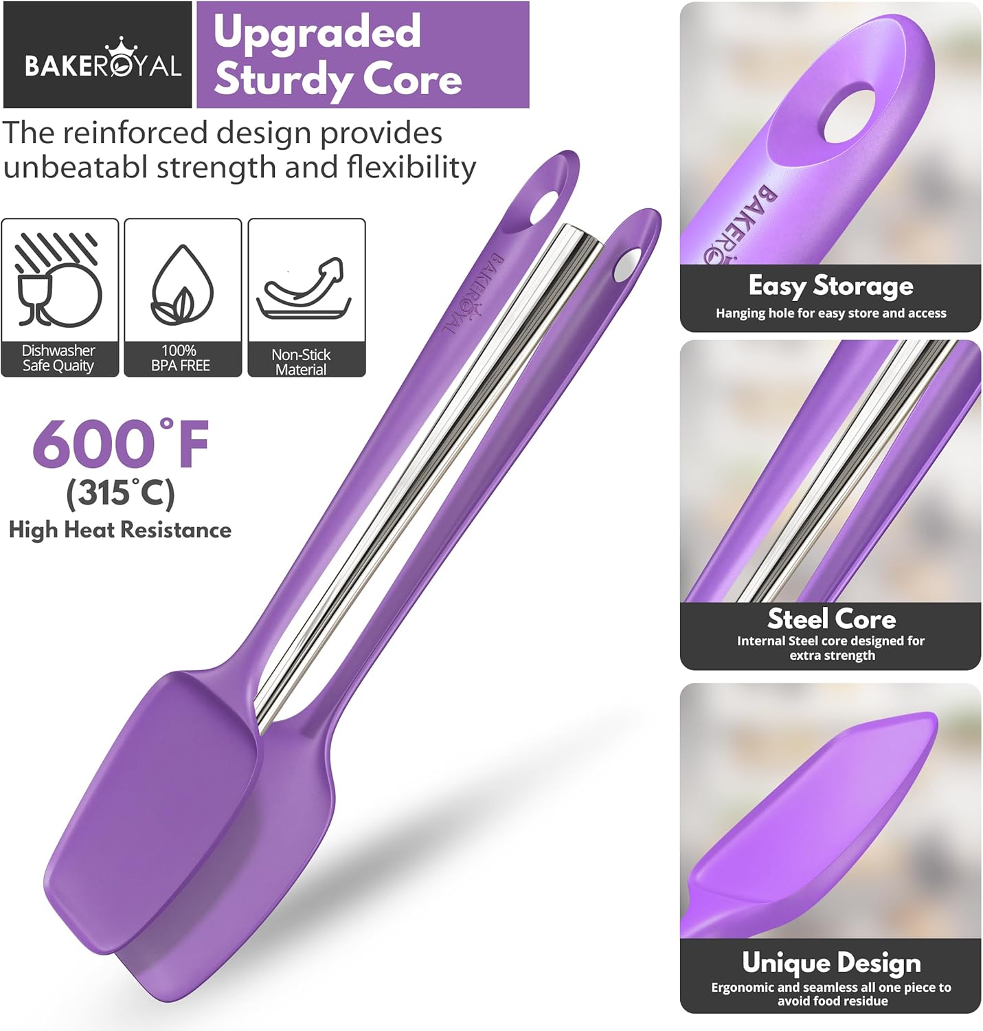 BakeRoyal Silicone Spatula Set - 4-Piece Rubber Spatulas Silicone Heat Resistant 600°F for Everyday Task - Seamless Design Kitchen Spatulas for Nonstick Cookware - Royal Blue
