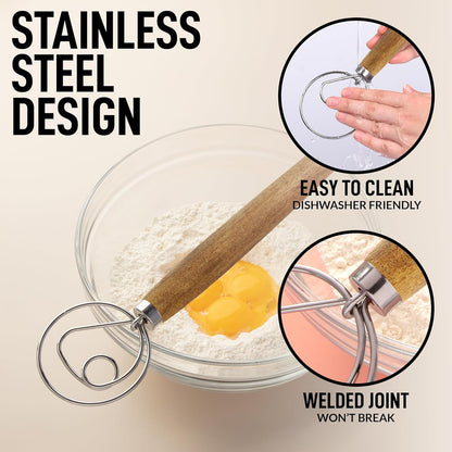 Zulay Kitchen 13-Inch Danish Dough Whisk - Stainless Steel Wooden Whisk with Dough Hook - Sourdough Whisk for Bread, Pizza, Pastry, Cake Batter & More - Wood