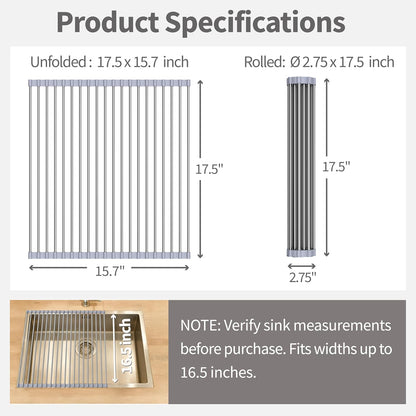 Roll Up Dish Drying Rack for Over Sink - 17.5"x15.7" Foldable Stainless Steel Kitchen Drainer, Black