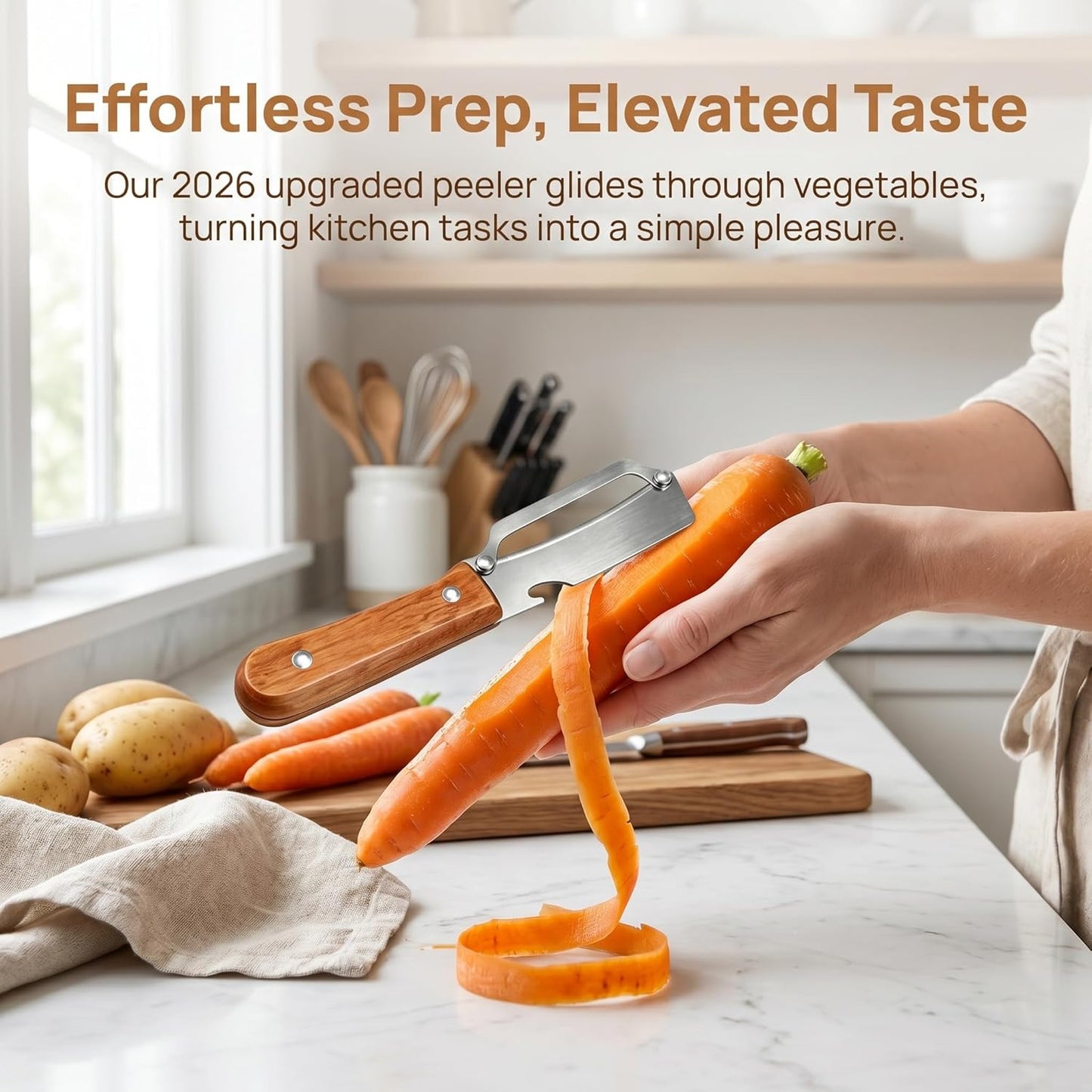 2026 Upgrade 3-in-1 Veg Peeler, Wood Handle Thick Stainless Steel Wide Blade, Scallion Shredder & Bottle Opener, Ultra-Sharp Multi Peeler for Potato Carrot Kitchen Camping Travel (1pcs+1ps)