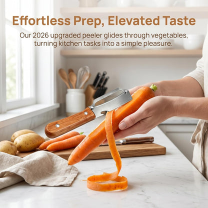 2026 Upgrade 3-in-1 Veg Peeler, Wood Handle Thick Stainless Steel Wide Blade, Scallion Shredder & Bottle Opener, Ultra-Sharp Multi Peeler for Potato Carrot Kitchen Camping Travel (1pcs+1ps)