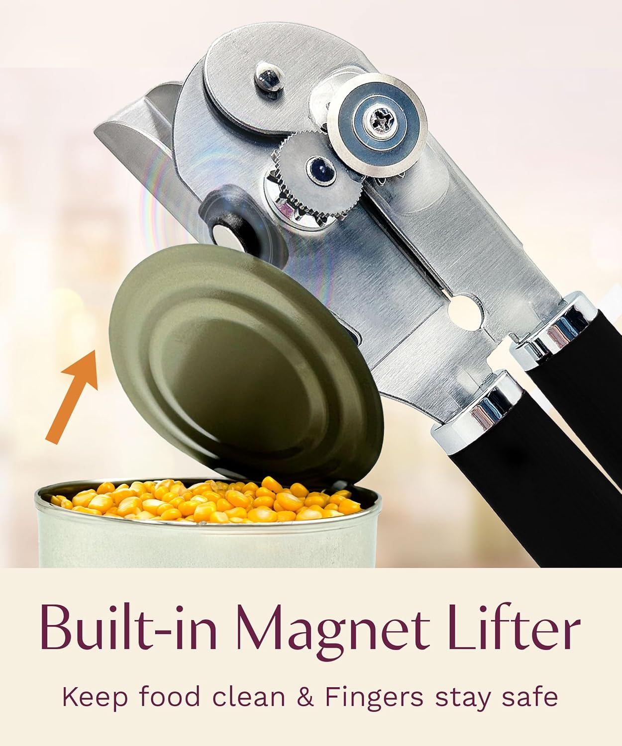 Premium Multifunction Magnetic Manual Can Opener and Bottle Opener, Heavy Duty Stainless Steel Sharp Cutting Blade and Oversized Easy Turn Knob, Soft-Touch Handle, Kitchen Use, Mauve