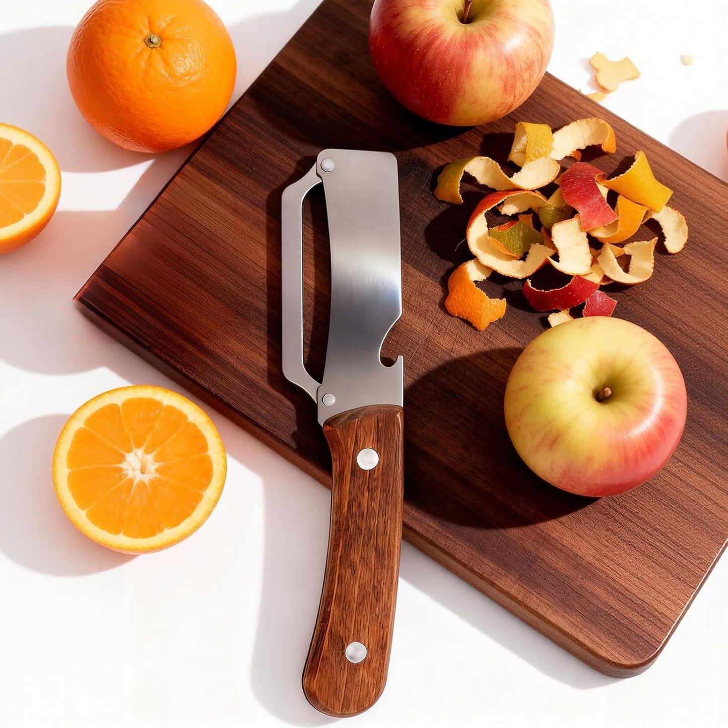 Multi-Functional Vegetable Peeler with Hook, Stainless Steel Sharp Blades Peeler with Wooden Handle & Bottle Opener Practical Kitchen Tool for Veggie Fruit Apple Potato Sugar Cane