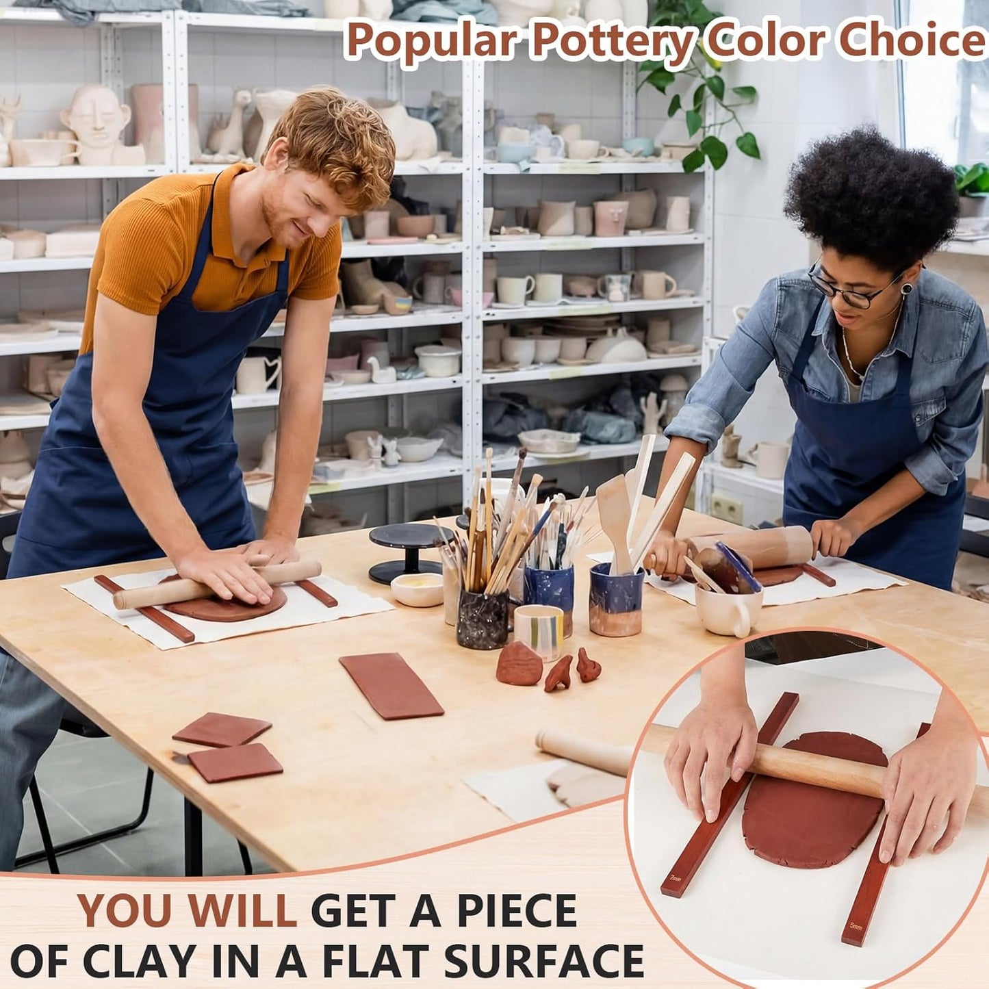 Sasylvia 10 Pcs Pottery Rolling Pin Guides Wood Teaching Rolling Mud Stick Guide Set Polymer Clay Depth Guide Pottery Tools Clay Mudboard Tools (5 Size,Wood Color)