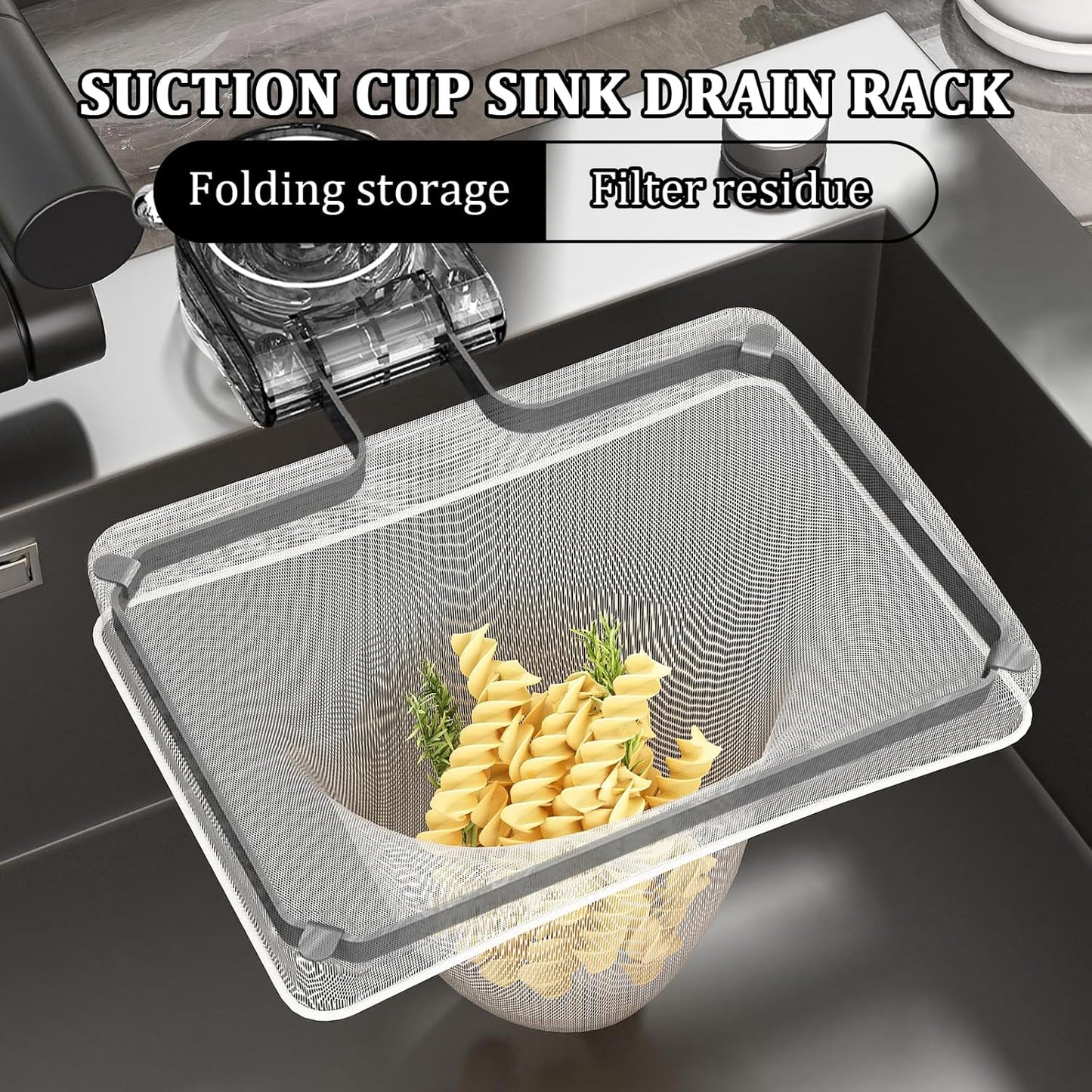 Kitchen Sink Strainer with 100 PCS Filter Mesh Bag, Food Waste Filter Basket, Suction Cup Folding Washing Vegetables and Fruits Drying Bag Holder(Silver)