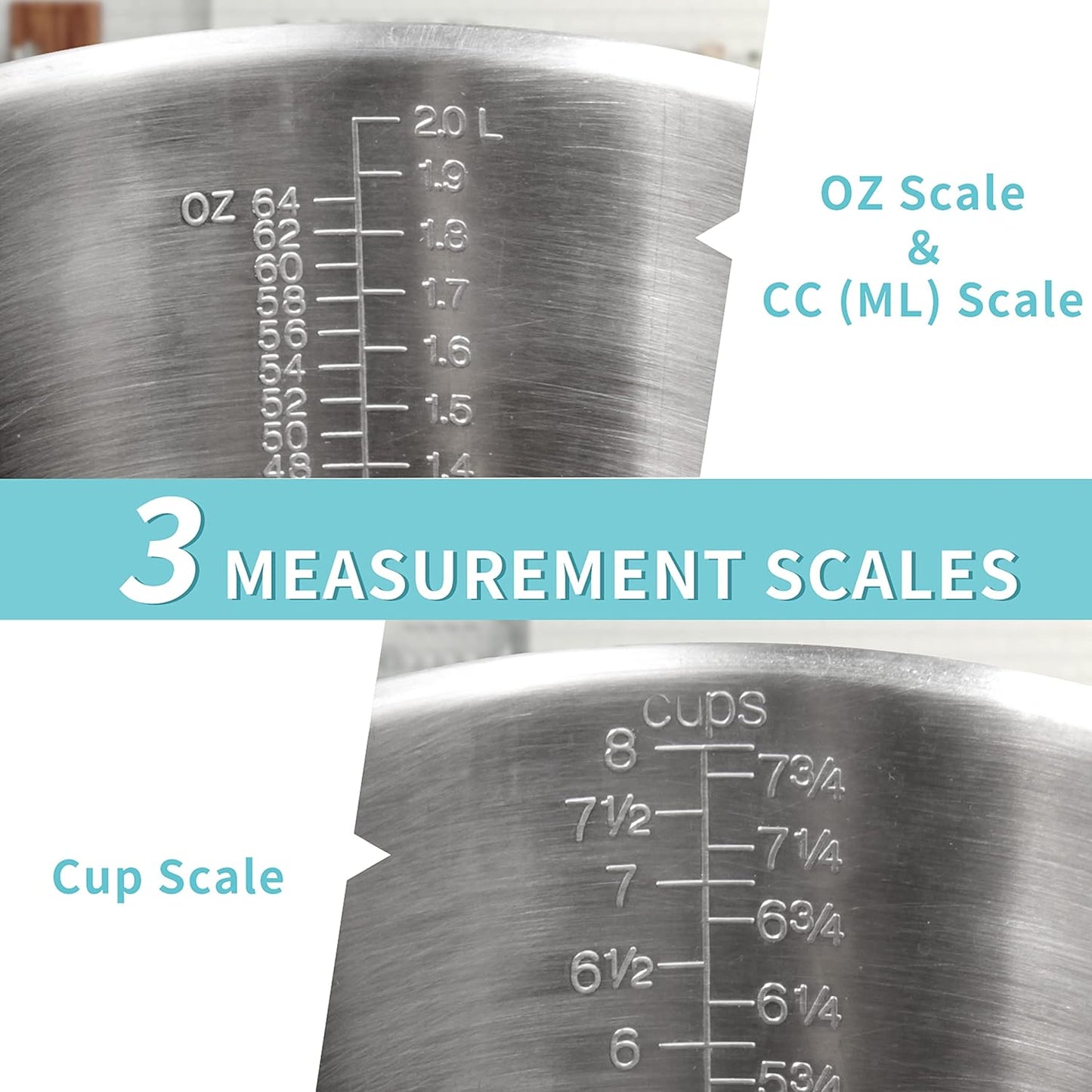 Newness Stainless Steel Measuring Cup, Metal Measuring Cup with Handle (Upgraded, 3 Marking Including Cup/ML/Ounce Scale), 16 Ounces (0.5 Liter, 2 Cup)