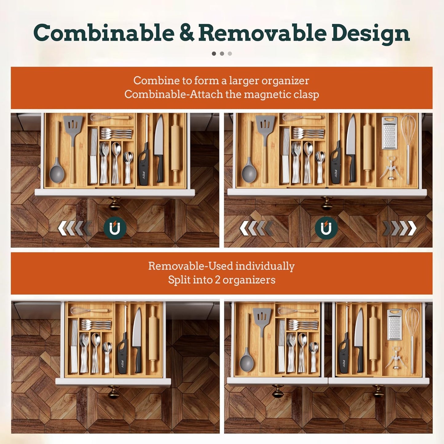 Silverware Organizer Large, Magnetic Connected Expandable 13 Slots Silverware Drawer Organizer From 21 to 37.4 Inches, Adjustable Flatware and Cutlery Holder, Bamboo Utensil Tray for Kitchen Black