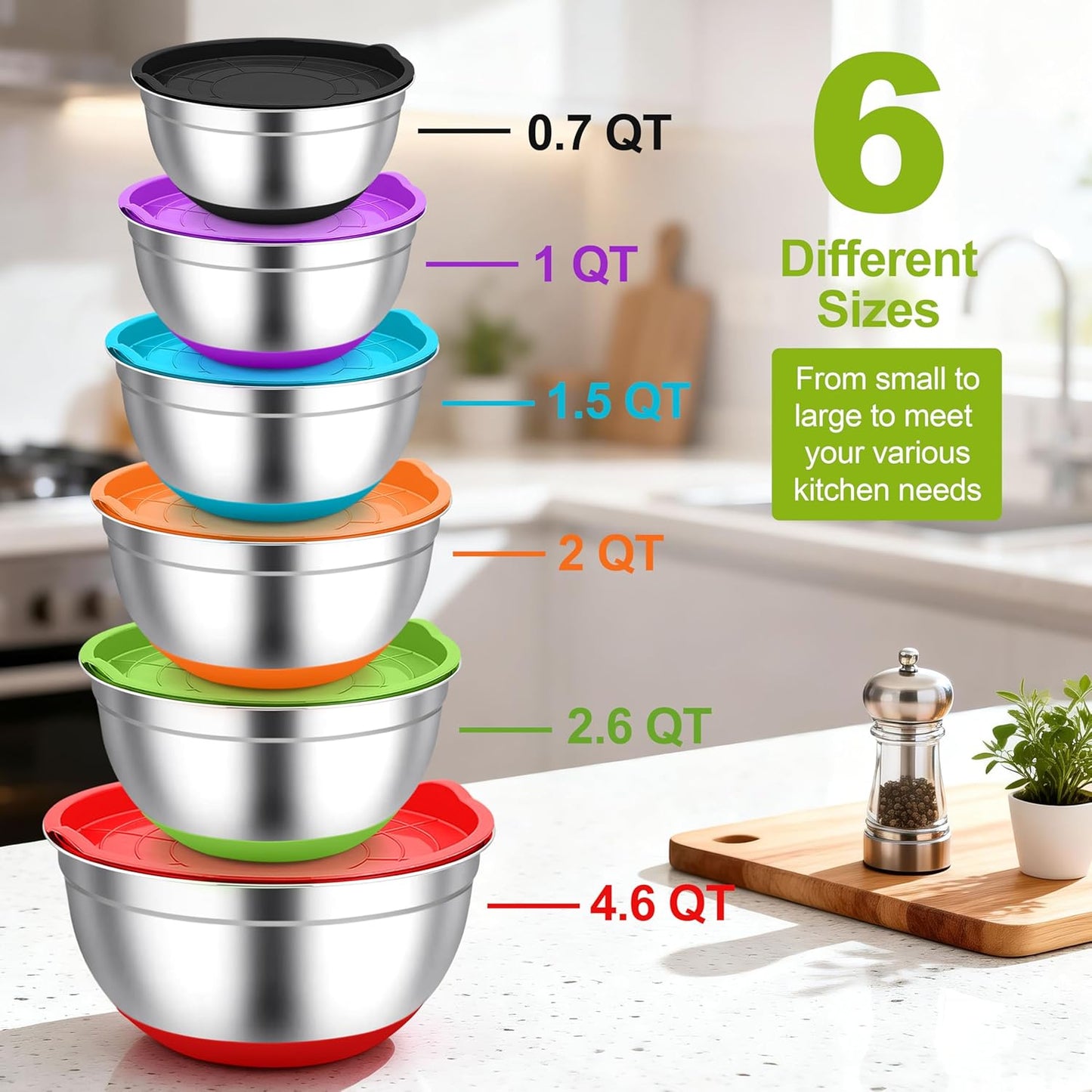 TeamFar Mixing Bowls, Black Mixing Bowls with Lids Set, Stainless Steel Nesting Salad Bowl with Air-tight Lid & Silicone Bottom, Non Slip & Stackable - Set of 6-4.6/2.6/2 / 1.5/1 / 0.7 Qt