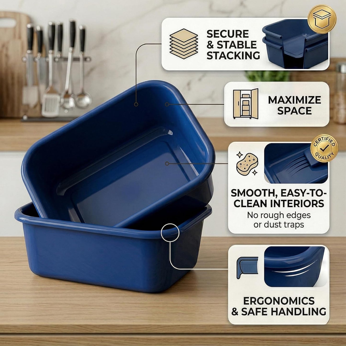 DecorRack 2 Plastic Wash Basins, Large 10 Quart Graduated Bucket, Portable Washbasin for Washing, Cleaning, Foot Bath, Dishes, Face Cleansing Bowl, Gray (2 Pack)