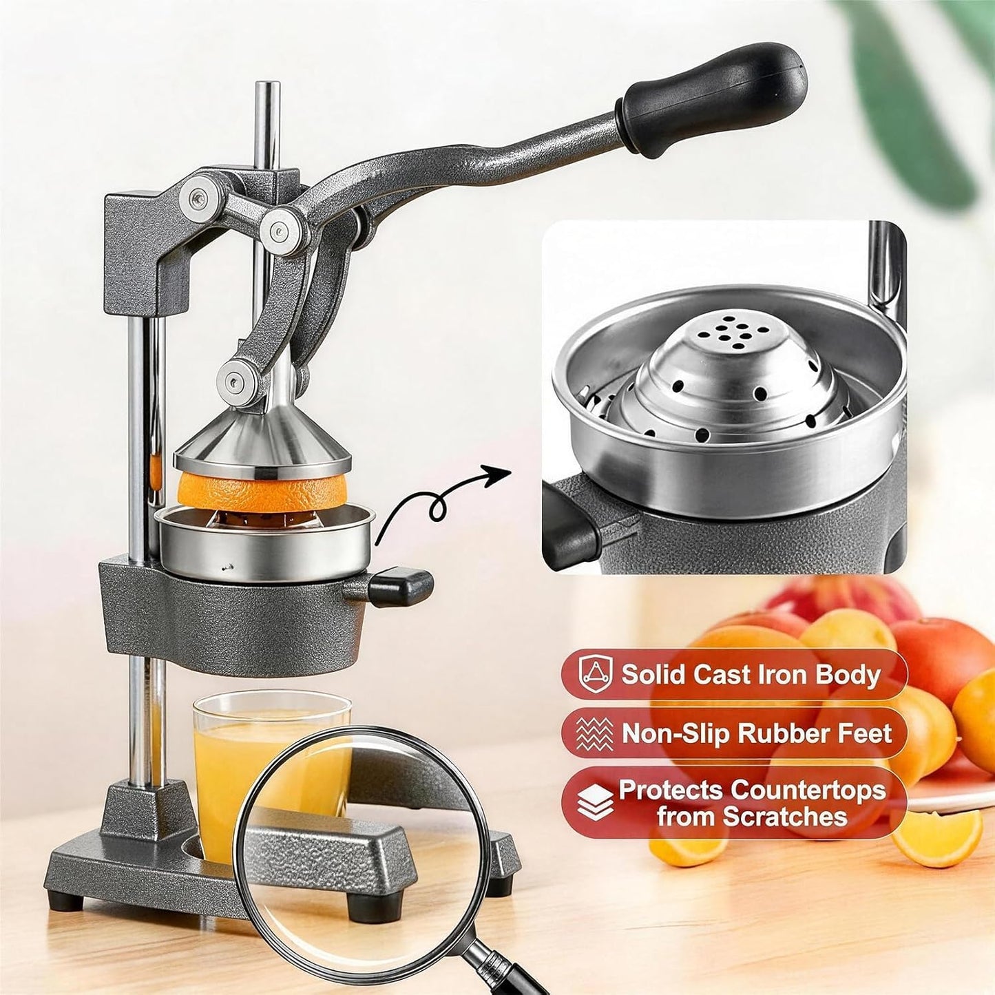 Cast Iron Citrus Juicer Hand Press, Heavy Duty Manual Orange Juicer Squeezer with 304 Stainless Steel Cup & Strainer, Lemon Grapefruit Pomegranate Press, Grey