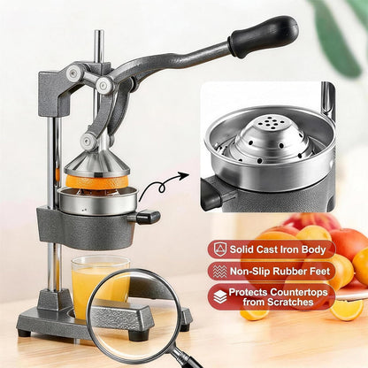 Cast Iron Citrus Juicer Hand Press, Heavy Duty Manual Orange Juicer Squeezer with 304 Stainless Steel Cup & Strainer, Lemon Grapefruit Pomegranate Press, Grey