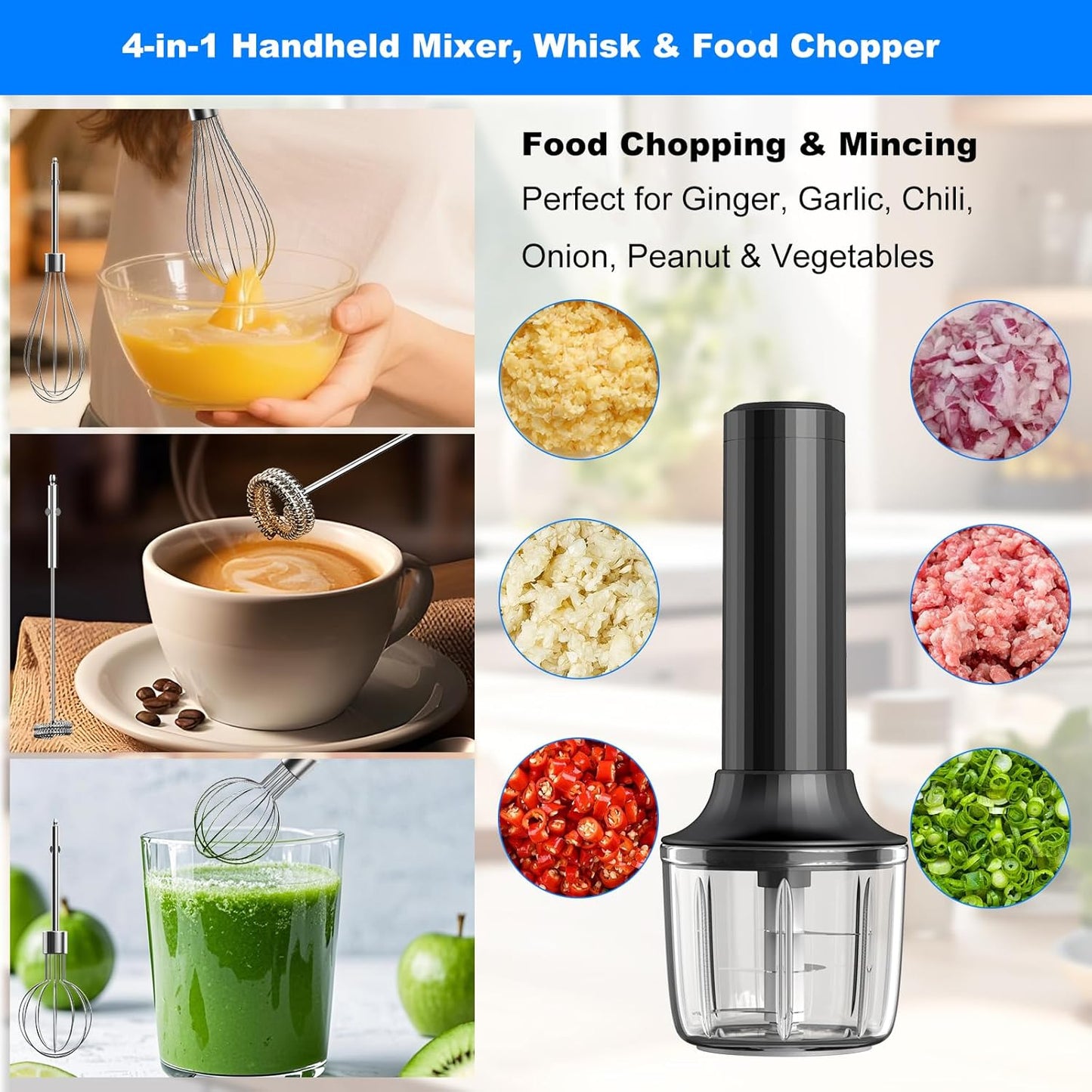 Cordless Hand Mixer MixgoII, Handheld Mixer Electric Whisk & Milk Frother, Hand Held Mini Mixers, Rechargeable Hand Mixer and Whisker, Food Processor for Cooking, Food Chopper, 4-Speed, 10Oz