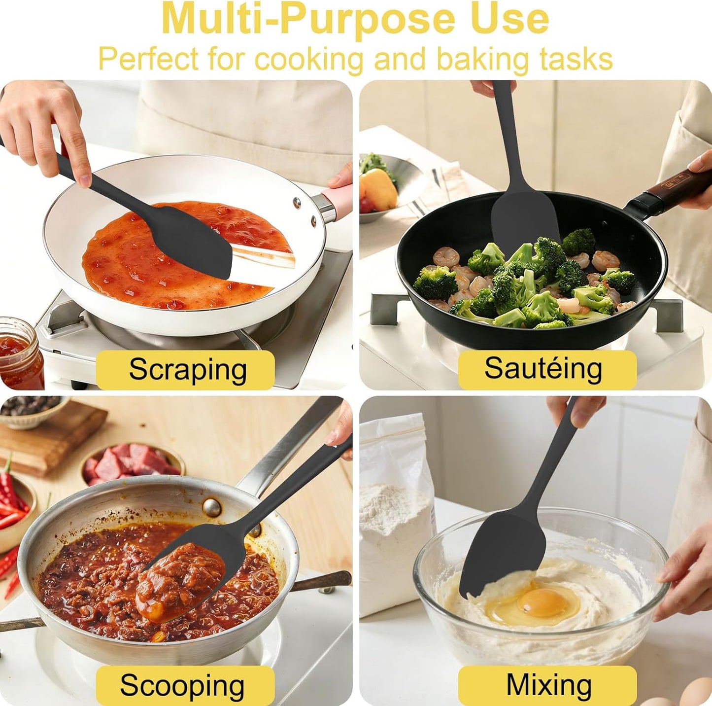 4 Pcs Silicone Spoon Spatula Set, 11.4 In, Food Grade Rubber Spatulas for Cooking, Baking, Mixing, 600°F Heat Resistant, Nonstick and Flexible Kitchen Utensils, Seamless Spoonula (Black)