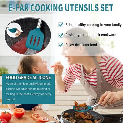 E-far Silicone Cooking Utensils Set, 7 Pcs Heat Resistant Kitchen Utensils with Stainless Steel Handle, Slotted Turner, Spoon, Soup Ladle, Pasta Server, Skimmer, Tongs for Nonstick Cookware, Black