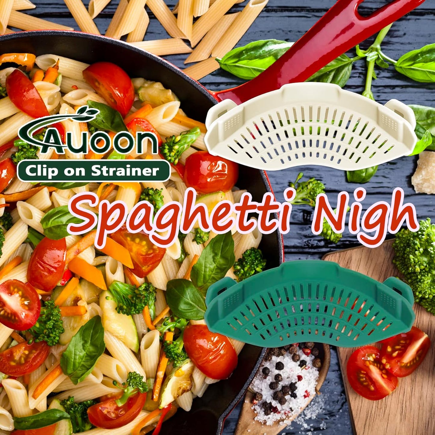AUOON Clip On Strainer Silicone for All Pots and Pans, Pasta Strainer Clip on Food Strainer for Meat Vegetables Fruit Silicone Kitchen Colander