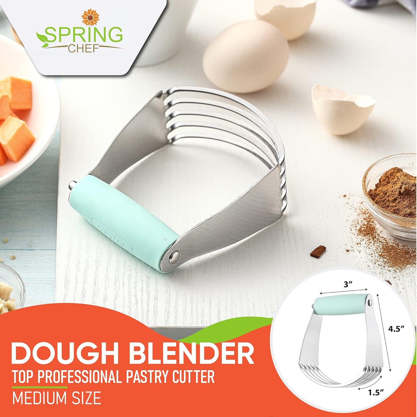 Spring Chef Dough Blender, Top Professional Pastry Cutter with Heavy Duty Stainless Steel Blades, Medium Size, Black