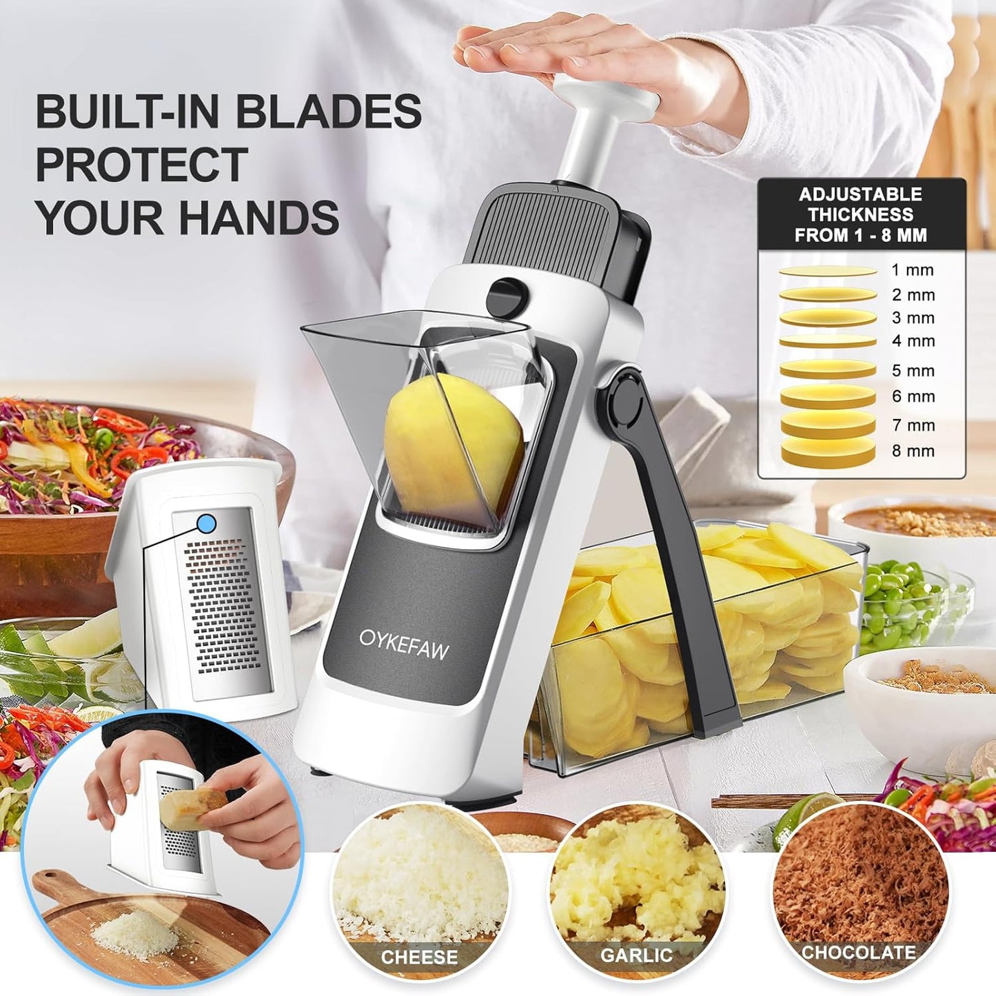 Mandoline Slicer for Kitchen, 6 in 1 Vegetable slicer, Potato Slicer with Thickness Adjuster,Faster Kitchen Slicer for Meal Prep (just Slice, With Peeler/Cleaning Brush, Mandolin)