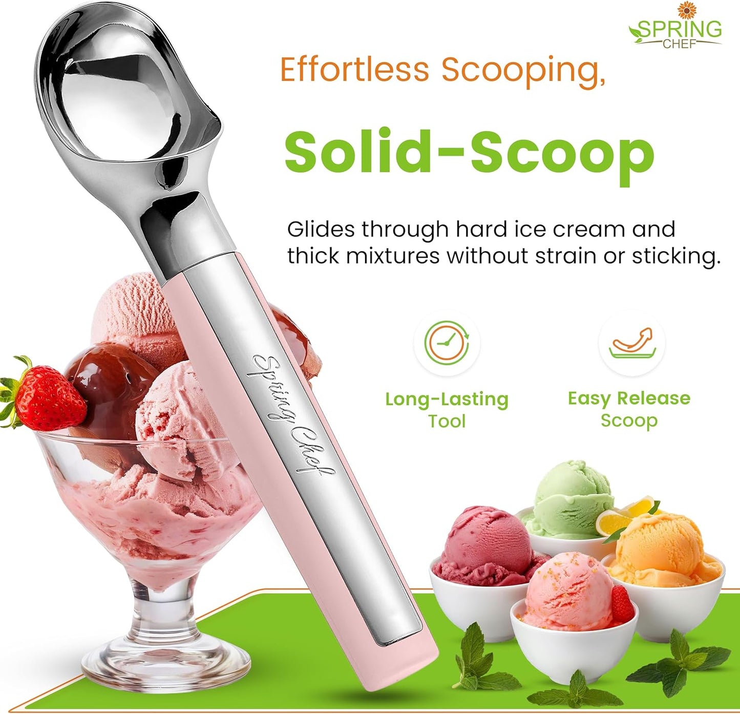 Spring Chef Heavy Duty Metal Ice Cream Scoop - Dishwasher Safe Ice Cream Scooper, Commercial Icecream Scoop Spade, Professional Kitchen Tool for Gelato, Melon, Sundae, Cookie Spoon - Black