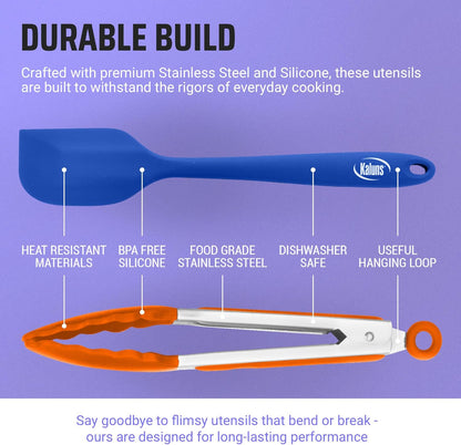 Kaluns Kitchen Tongs for Cooking Grilling Set of 4, BBQ Grill Tongs With Silicone Tip Stainless Steel Heat Resistant, Non-stick Pull Lock, Incl 7, 9, 12 Inch Tong Plus a Silicone Spatula