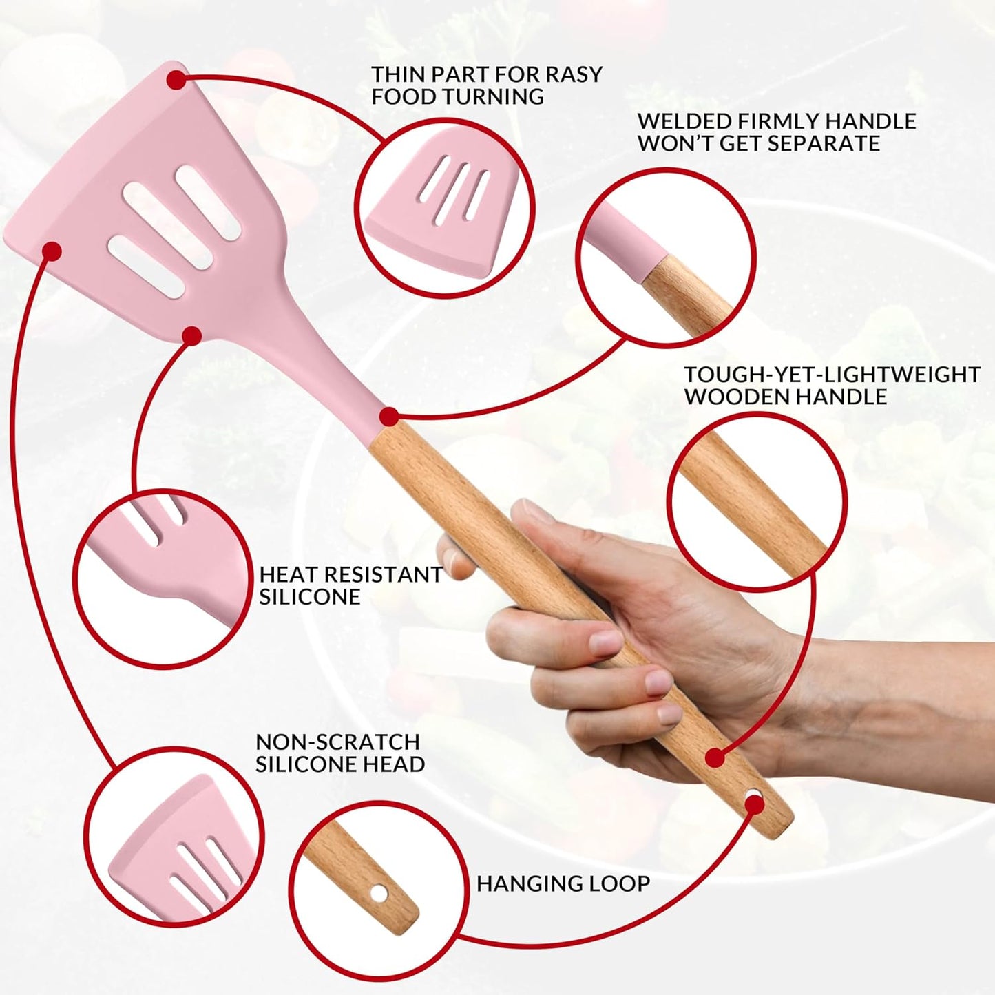E-far Cooking Utensils Set of 6, Silicone Kitchen Utensils with Wooden Handle, Non-stick Cookware Friendly & Heat Resistant, Includes Spatula/Ladle/Slotted Turner/Serving Spoon/Spaghetti Server(Khaki)