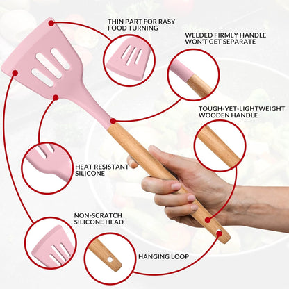E-far Cooking Utensils Set of 6, Silicone Kitchen Utensils with Wooden Handle, Non-stick Cookware Friendly & Heat Resistant, Includes Spatula/Ladle/Slotted Turner/Serving Spoon/Spaghetti Server(Khaki)