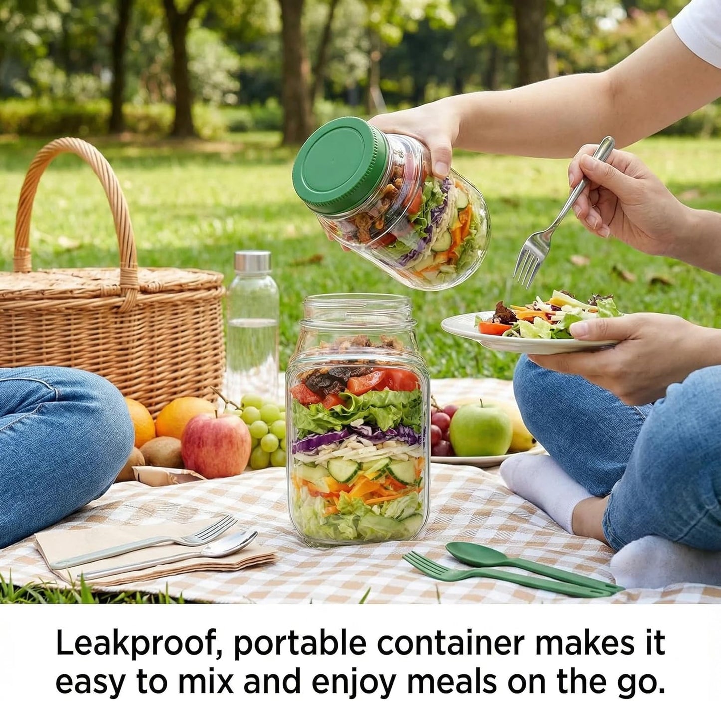Salad Jar with Side Opening, Mason Jar Salad Leak Proof Dressing Container for Lunch with Dressing Compartment, Dishwasher Safe Meal Prep Box for Meal Prep Food Jars, Home, Office, Travel
