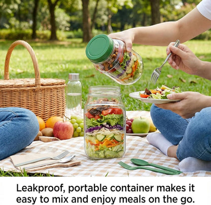 Salad Jar with Side Opening, Mason Jar Salad Leak Proof Dressing Container for Lunch with Dressing Compartment, Dishwasher Safe Meal Prep Box for Meal Prep Food Jars, Home, Office, Travel