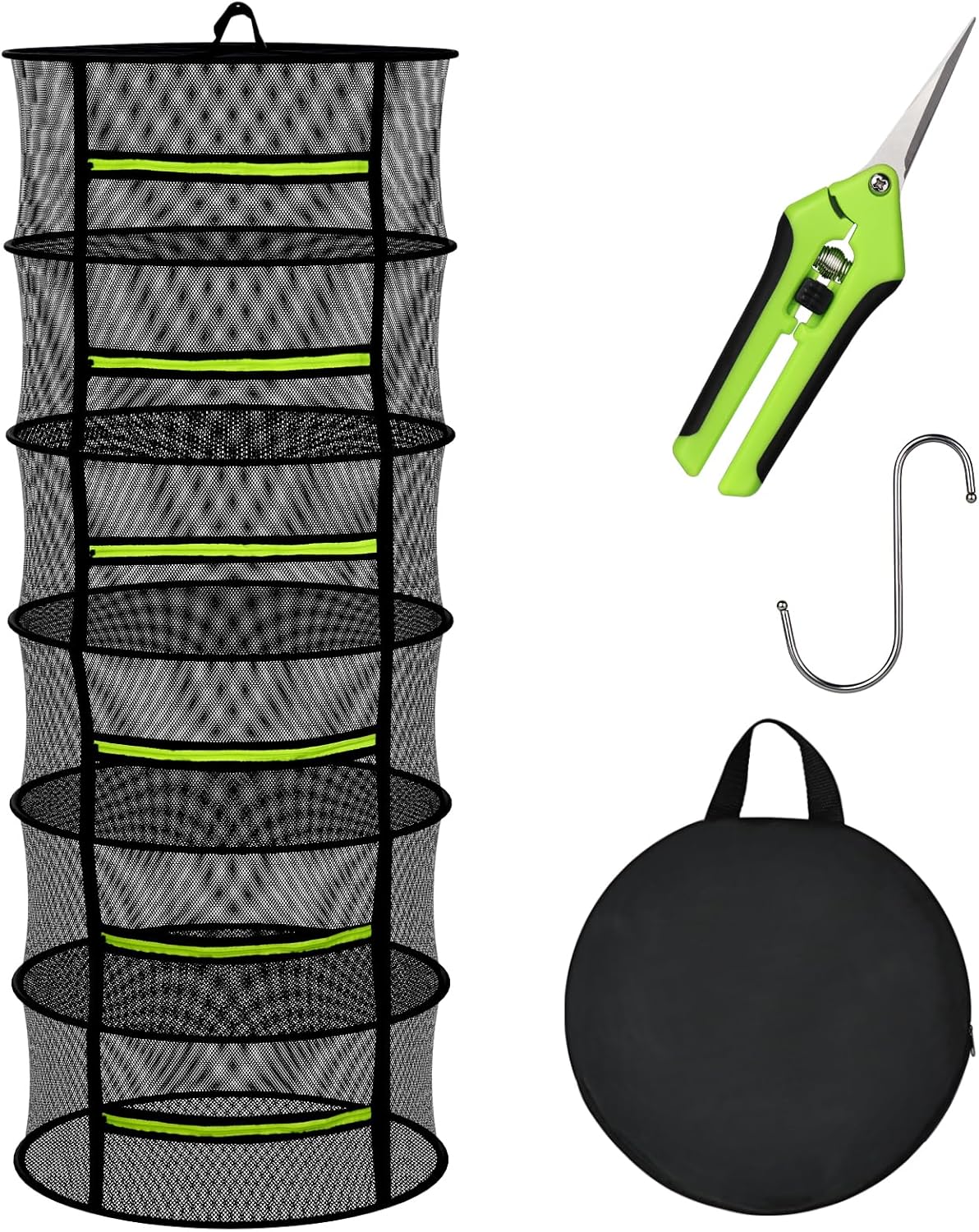 MEKOLIFE Herb Drying Rack Hanging-8 Layer, Collapsible Large Capacity Mesh Net with Green Zipper, Hooks & Bonus Garden Scissors, for Fresh Herbs/Flowers/Plants, Indoor Outdoor Use (23.62")