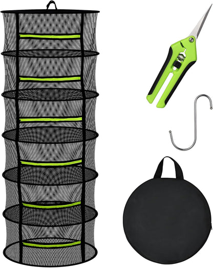 MEKOLIFE Herb Drying Rack Hanging-8 Layer, Collapsible Large Capacity Mesh Net with Green Zipper, Hooks & Bonus Garden Scissors, for Fresh Herbs/Flowers/Plants, Indoor Outdoor Use (23.62")