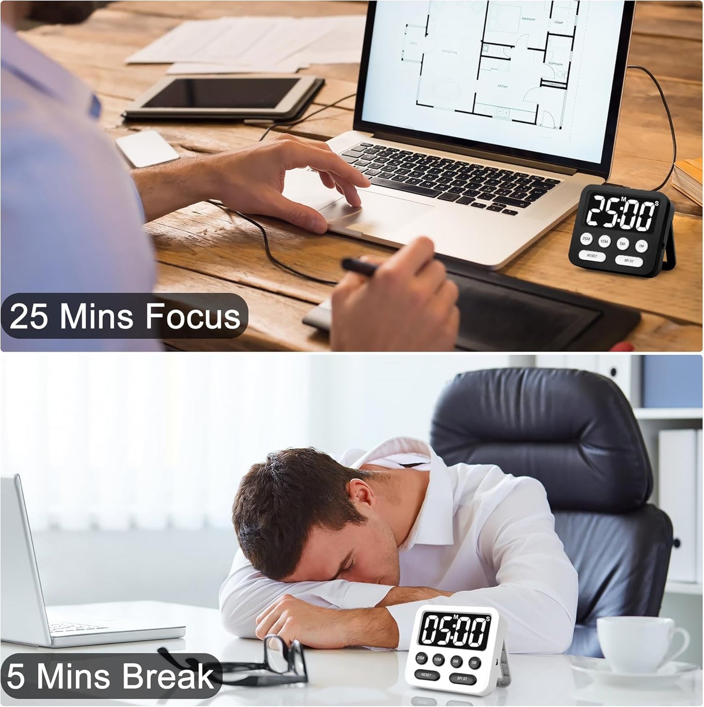 Pomodoro Timer, Productivity Timer with Large Display, Digital Kitchen Timers for Cooking, Settings 1-5-10-25 Minutes, White