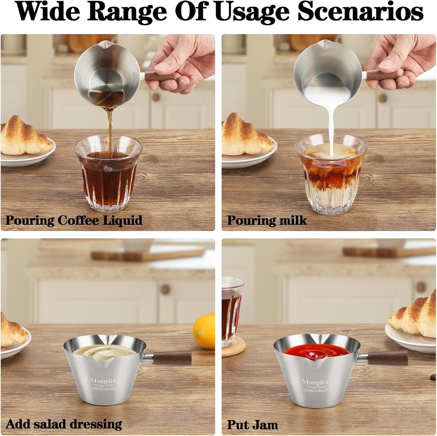 Mongdio Espresso Measuring Cup, Stainless Steel Espresso Shot Cups with Wooden Handle and Double Spouts, 6.8OZ/200ML, White