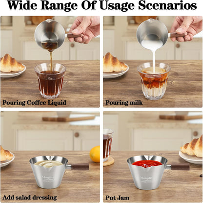Mongdio Espresso Measuring Cup, Stainless Steel Espresso Shot Cups with Wooden Handle and Double Spouts, 6.8OZ/200ML, White