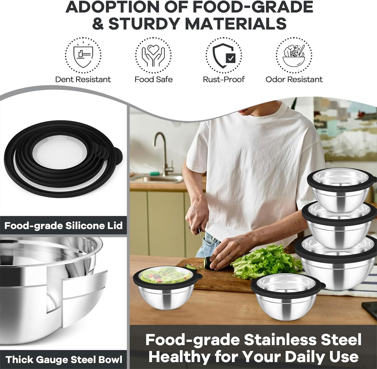 TeamFar Mixing Bowls, 4.5/3/1.5/1/0.7 QT Stainless Steel Nesting Salad Bowls with Visible Lids, For Serving/Mixing/Storing, Non-Toxic & Heavy Duty, Airtight & Easy Clean, Khaki, Set of 5
