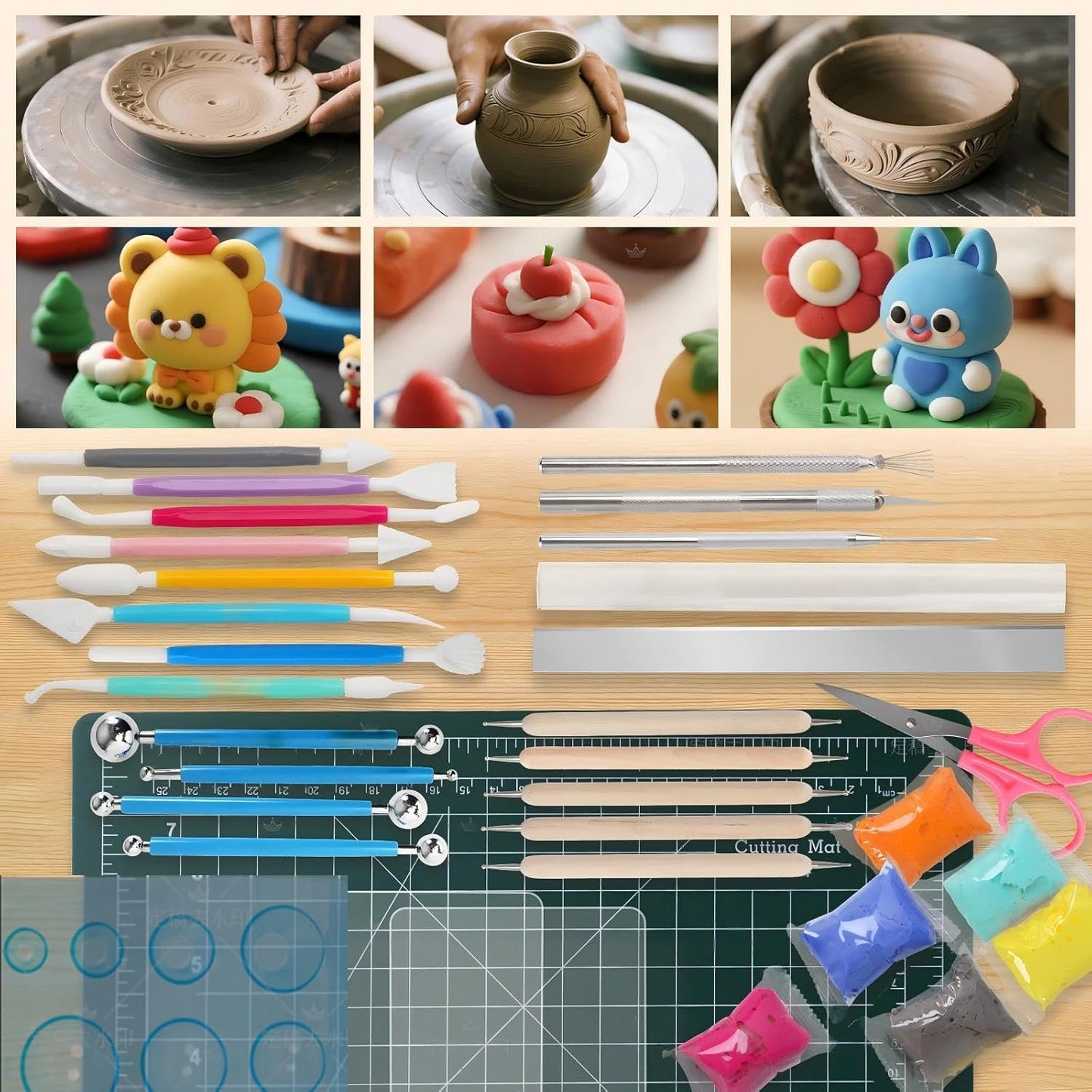 Basic Polymer Clay Tools, Clay Sculpting Tools Acrylic Roller Pin, Clear Rectangle Sheet Press Board, Double-Ended Pottery Carving Set for Beginner (15)