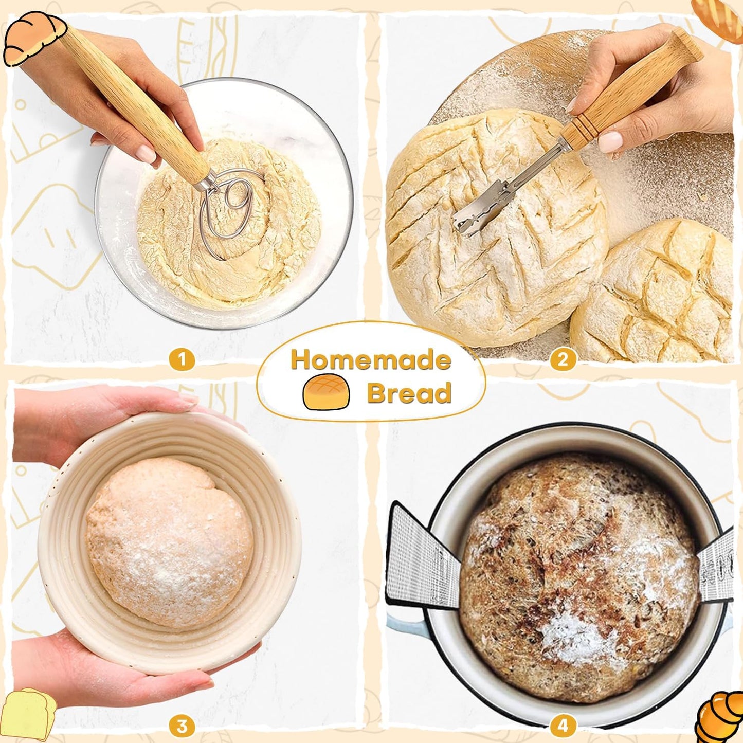 Sourdough Starter Kit, Sourdough Kit Include Banneton Proofing Basket, Sourdough Starter Jar, Bread Lame, Dough Scraper, Dough Whisk Scraper and Silicone Bread Sling