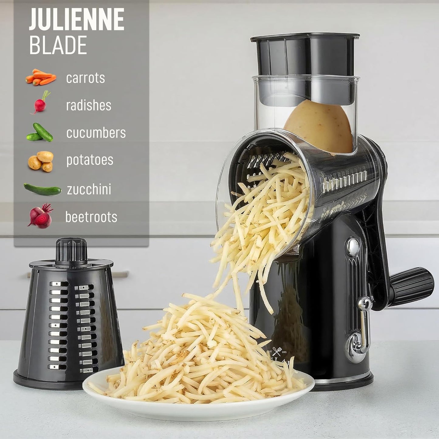 Zulay Kitchen Rotary Cheese Grater 5 Blade Cheese Shredder - Manual Hand Crank Cheese Grater With Reinforced Suction & 5 Interchangeable Drums - Easy to Use, Vegetable Chopper Round Mandoline Slicer - Colors B