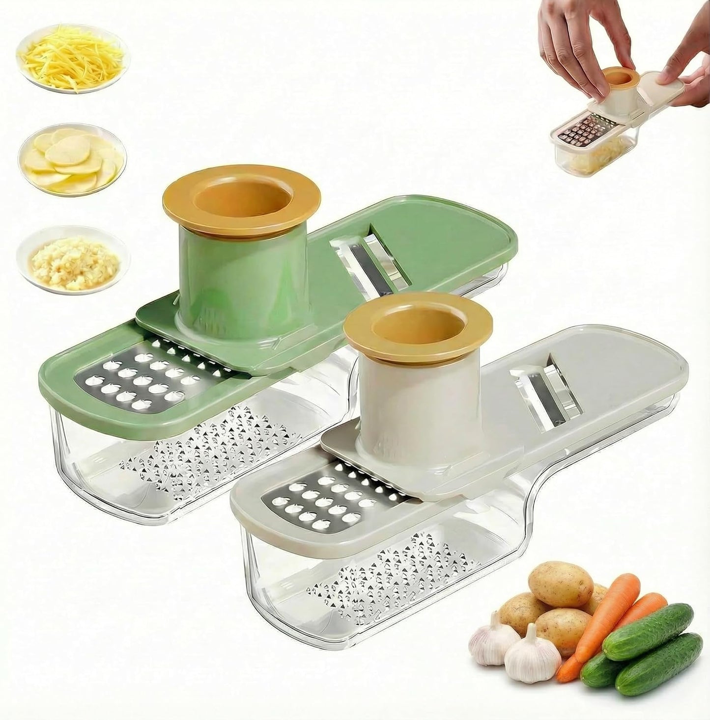 2Pcs 3 in 1 Mini Garlic Grinder, Multifunctional Garlic Grater Ginger Vegetable Chopper, Handheld Kitchen Gadget with Container & Safety Guard for Camping Picnic Cooking