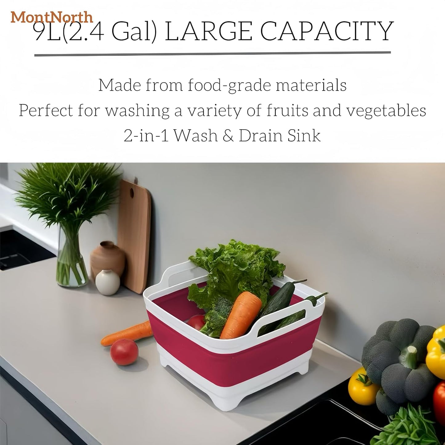 MontNorth Collapsible Wash Basin 9L, Foldable Dish Tub with Drain Plug, Portable Collapsible Dish Basin, Camping Sink for Washing Dishes, Laundry & Kitchen Use,Gray