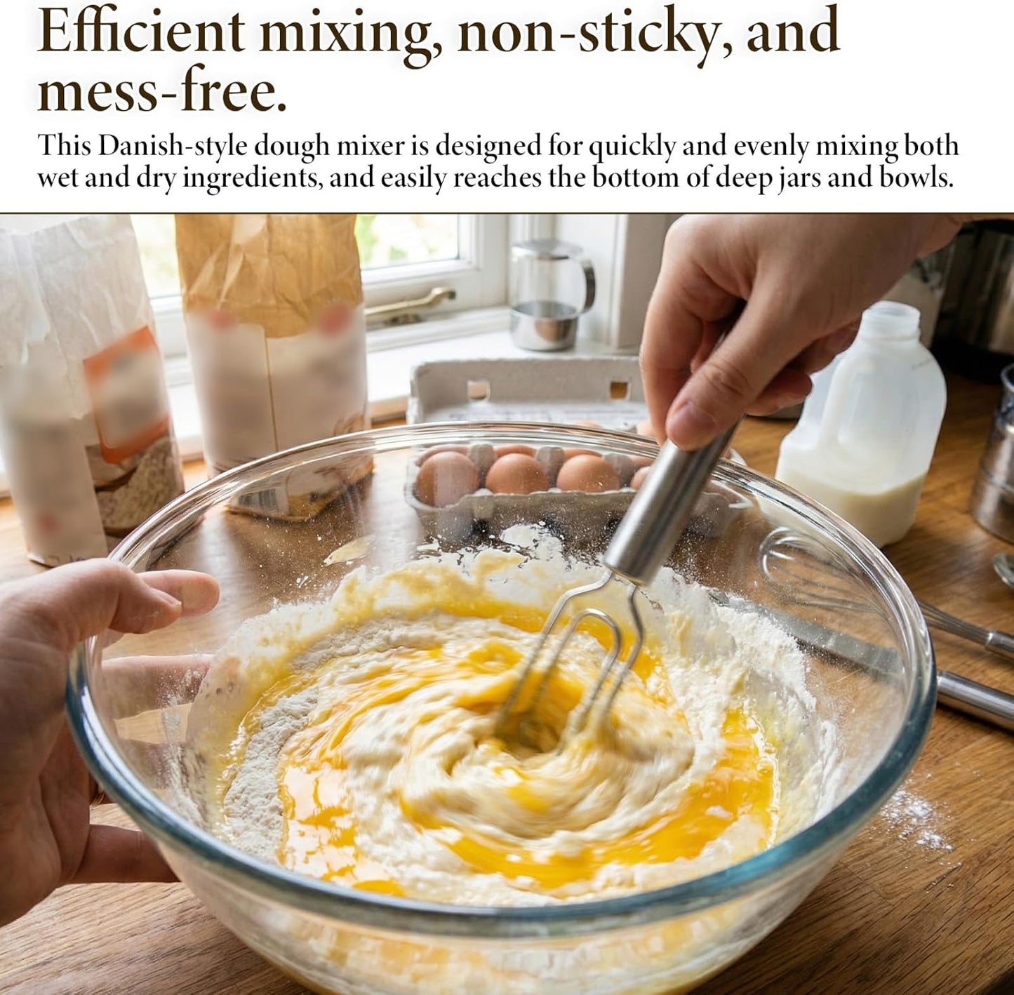 Danish Dough Whisk for Sourdough Starter, Stainless Steel Hand Dough Mixer, 12 Inch Sourdough Starter Stirring Hook, Dutch Bread Whisk for Cooking, Whisking, Pizza, Bread, Cake (Dishwasher Safe)