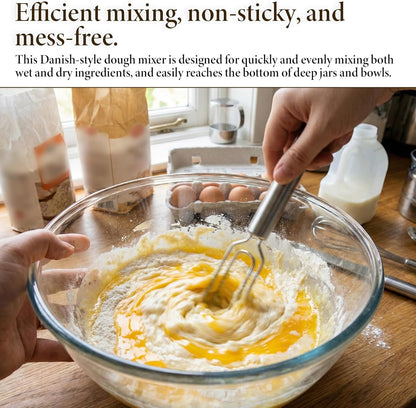Danish Dough Whisk for Sourdough Starter, Stainless Steel Hand Dough Mixer, 12 Inch Sourdough Starter Stirring Hook, Dutch Bread Whisk for Cooking, Whisking, Pizza, Bread, Cake (Dishwasher Safe)