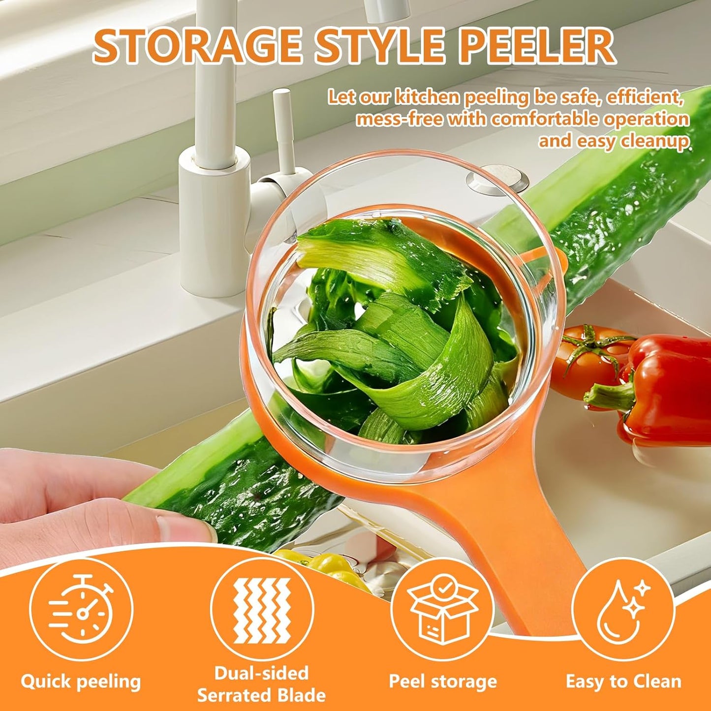 Vegetable Peeler with Container, Stainless Steel Potato Peeler and Fruit Peeler with Storage Box, Multi-Function Veggie Peeler with Peel Catcher for Home Kitchen (Orange)