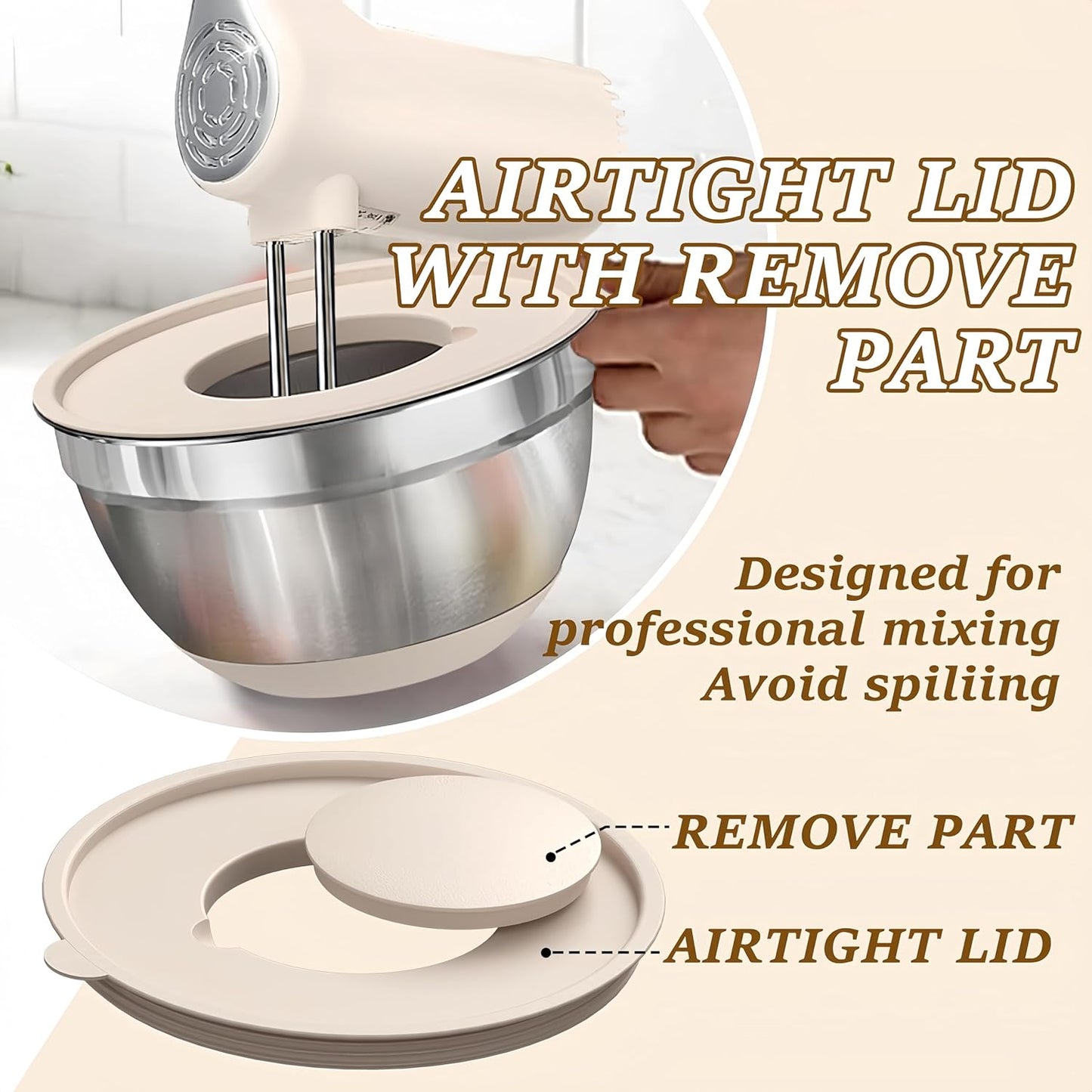 Mixing Bowls with Lids Set,7PCS Stainless Steel Bowls with 3 Grater Attachments and Measuring Spoons,Ideal for Kitchen Cooking & Serving,Non-slip Bottoms Size 6, 4, 3, 2.1,1.5,1,0.63QT (Beige)