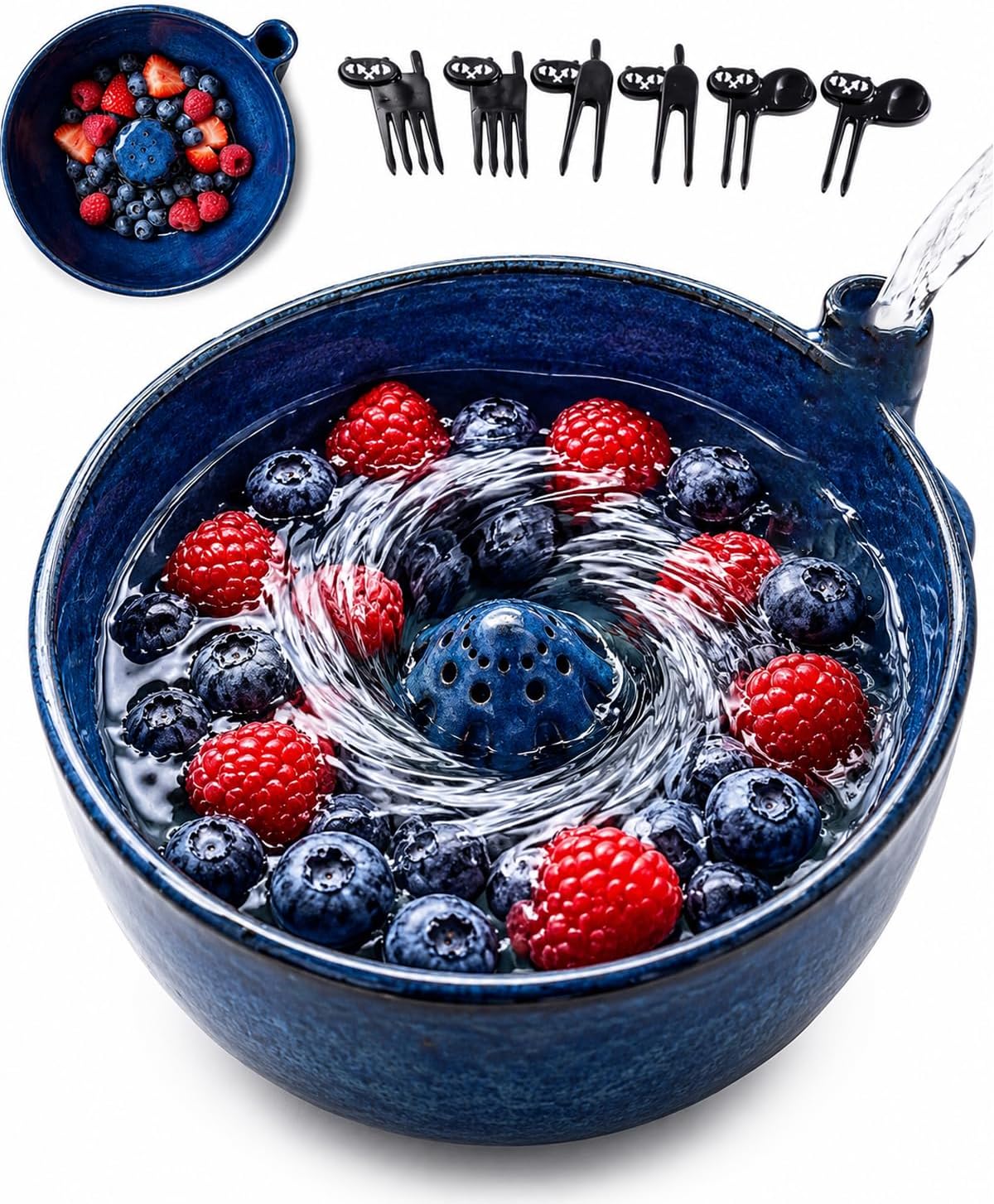 Vortex Berry Bowl The Original Artisan Swirling Berry Bowls Handmade 3D Print Berry Colander Self Rinsing Fruit Washing Stoneware Rinse Gentle Dynamic Washer Spinner Basket(3D Printing Blue)