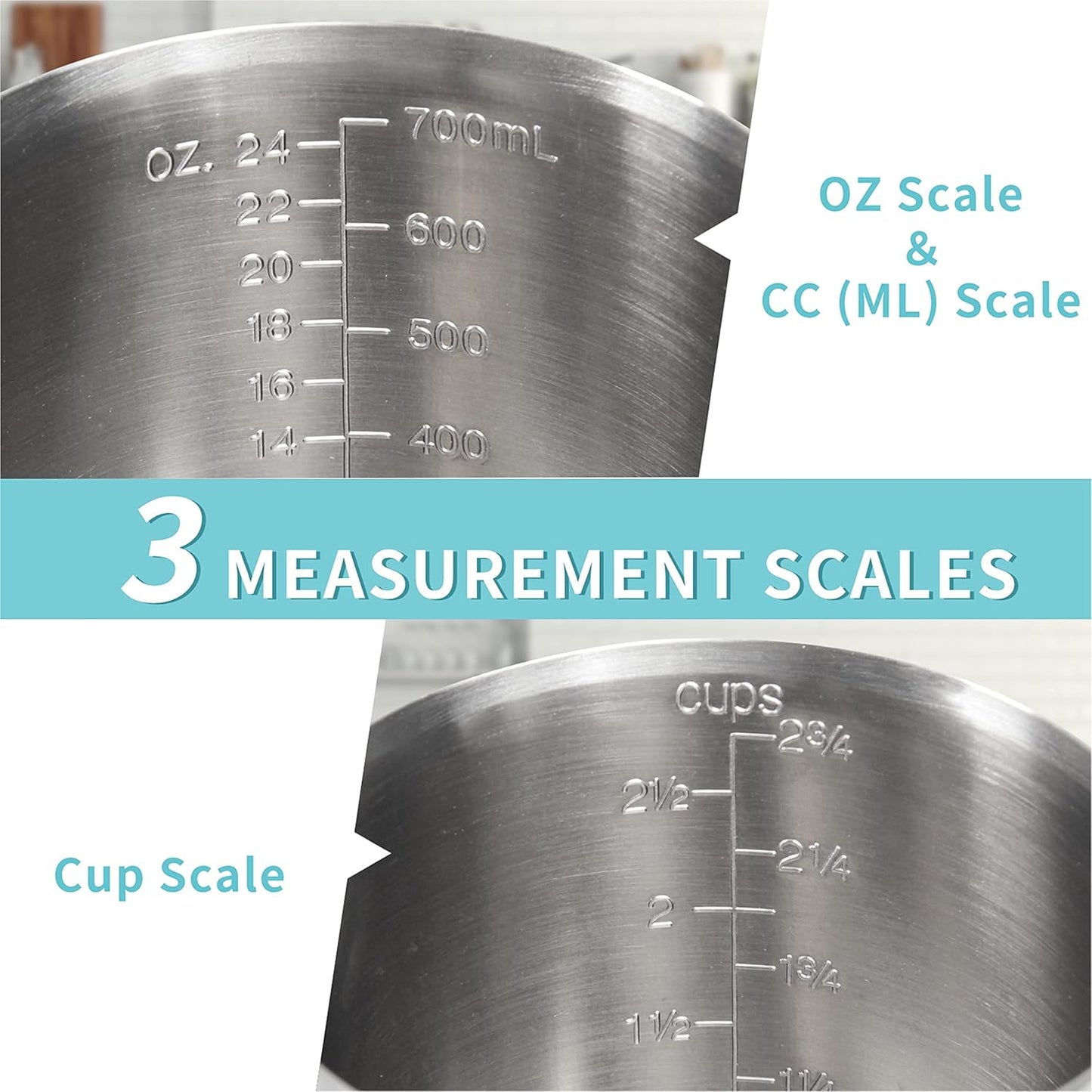 Newness Stainless Steel Measuring Cup, Metal Measuring Cup with Handle (Upgraded, 3 Marking Including Cup/ML/Ounce Scale), 16 Ounces (0.5 Liter, 2 Cup)