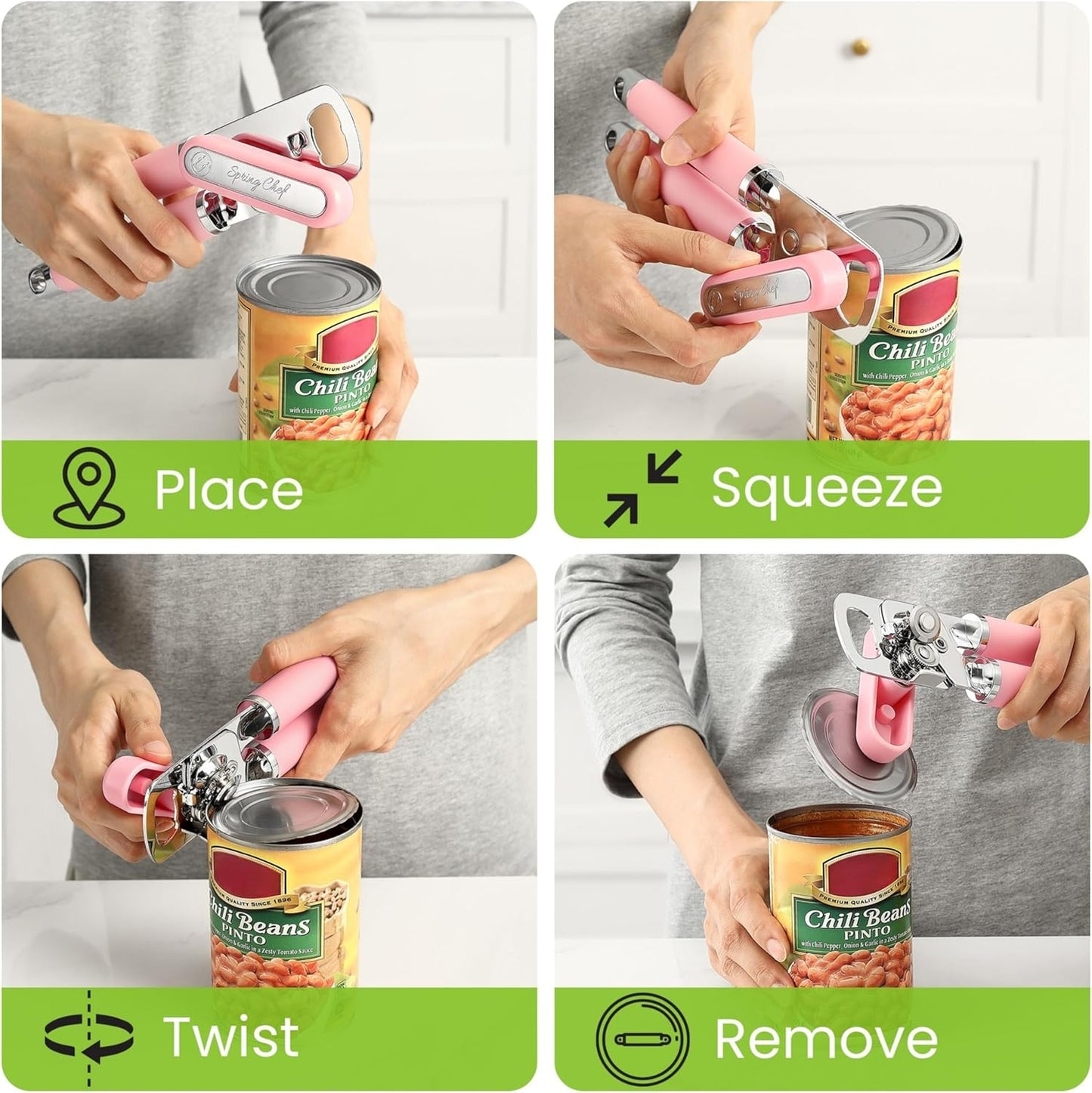 Spring Chef Stainless Steel Can Opener - Manual with Soft Grip Handles, Easy Turn, Heavy Duty Hand Can Openers for Seniors with Smooth Edge - Magnetic Lid Remover - Black