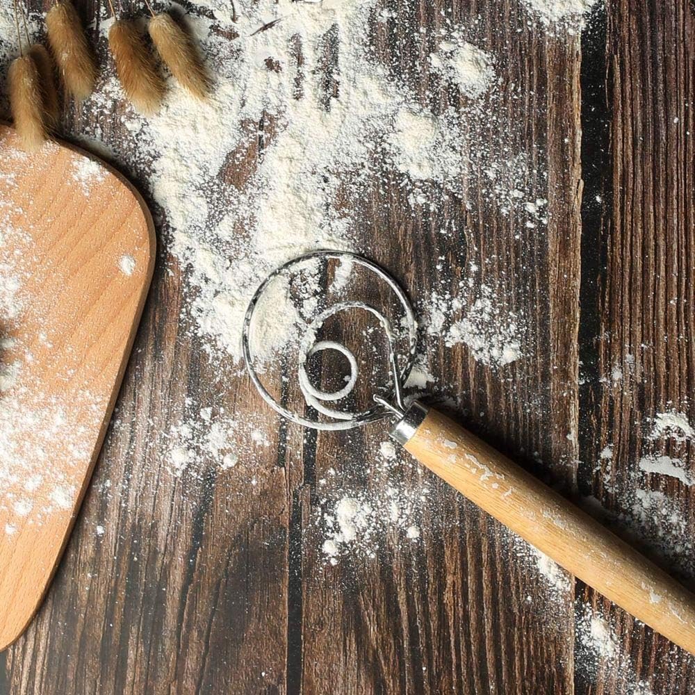 Danish Dough Whisk 13.5” Dough Whisk Stainless Steel Dutch Style Bread Whisk Wooden Handle Danish Whisk for Bread, Batter, Cake, Pastry. Great alternatives to a blender, mixer or hook（2 Pack）