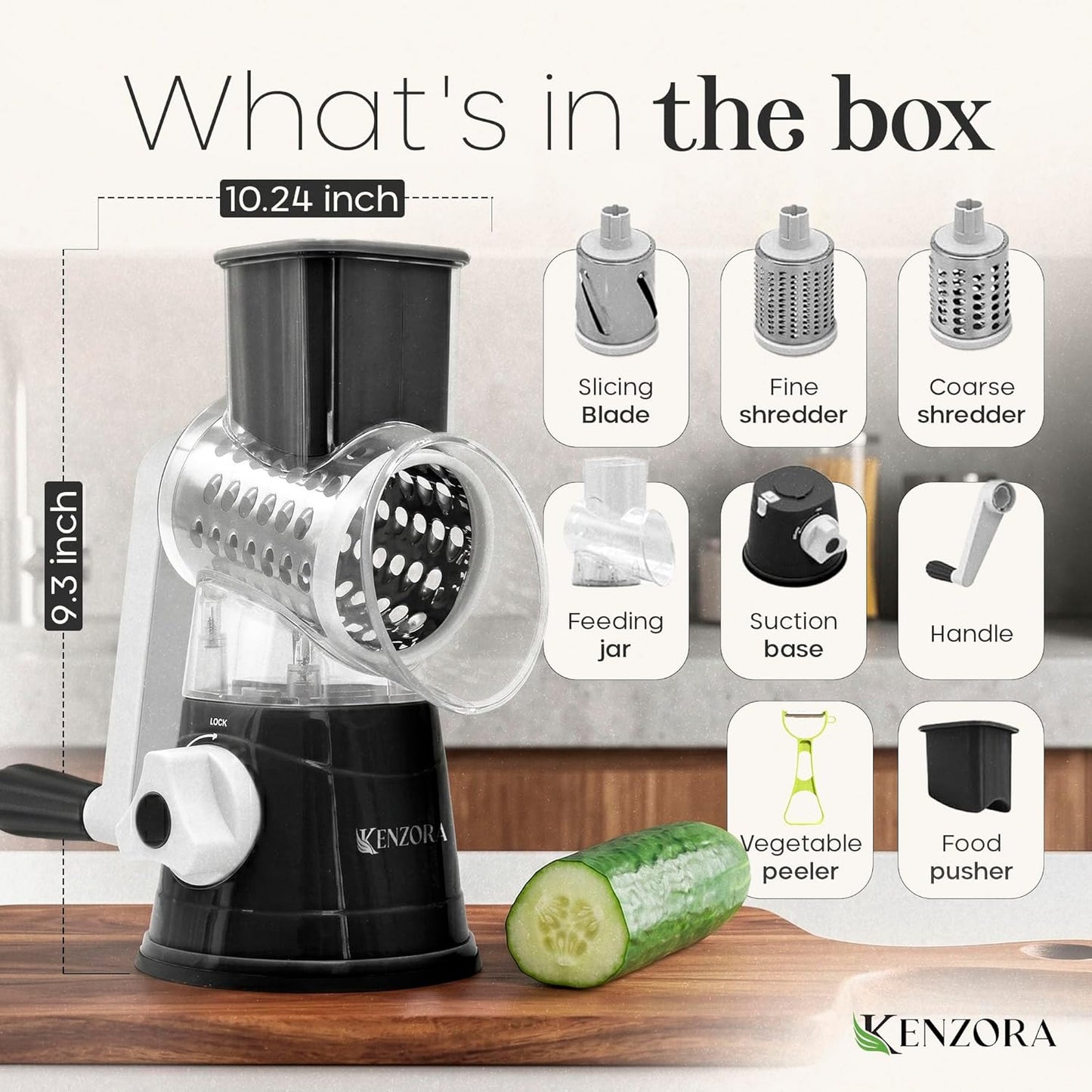 KENZORA Rotary Cheese Grater Hand Crank & Vegetable Chopper - 3-in-1 Manual Cheese Shredder with Handle - Fast Meal Prep Mandoline Slicer - Strong Suction Base & Safe Kitchen Gadgets, Black