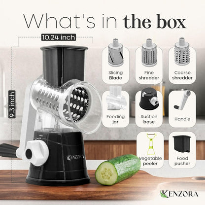 KENZORA Rotary Cheese Grater Hand Crank & Vegetable Chopper - 3-in-1 Manual Cheese Shredder with Handle - Fast Meal Prep Mandoline Slicer - Strong Suction Base & Safe Kitchen Gadgets, Black